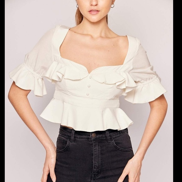 Alexis Tops - Alexis Faiza‎ Silk Cream Ruffle Button Front Crop Top